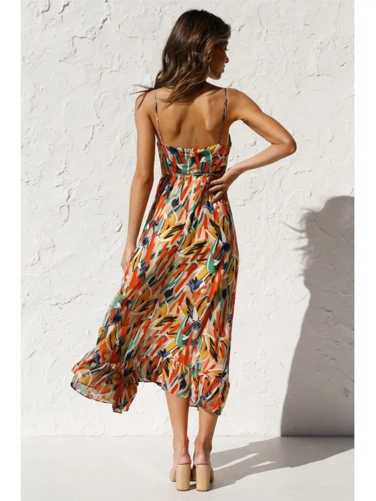 Albina | Zomerse Midi Jurk met Abstracte Print en Spaghettibandjes