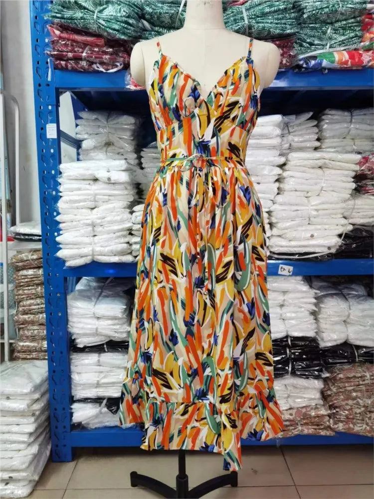 Albina | Zomerse Midi Jurk met Abstracte Print en Spaghettibandjes