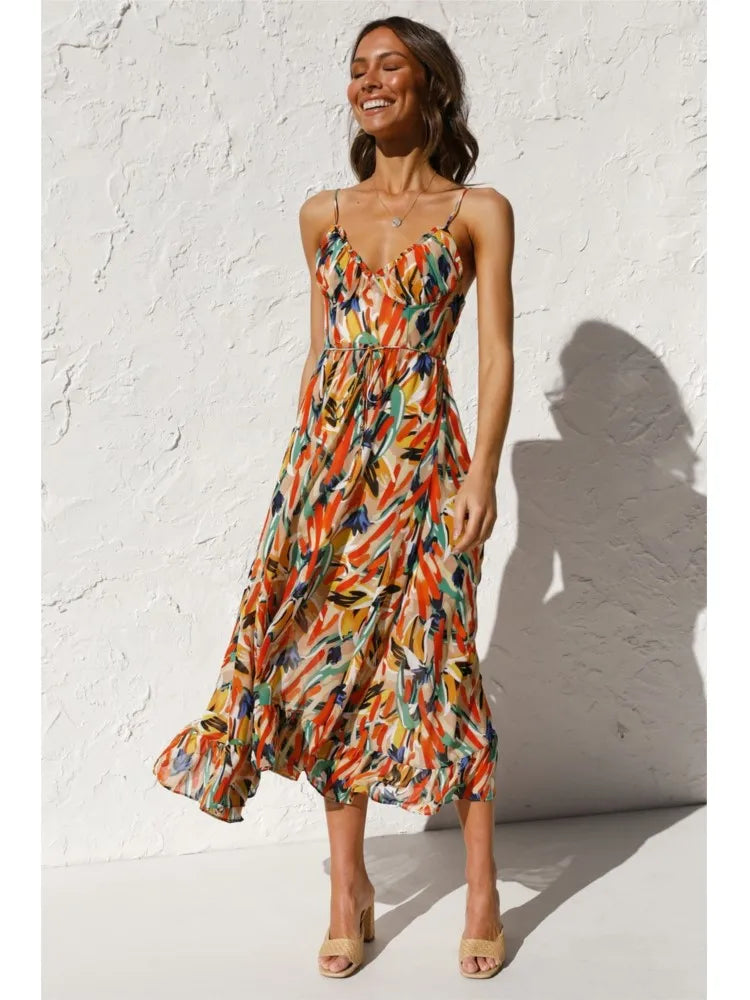 Albina | Zomerse Midi Jurk met Abstracte Print en Spaghettibandjes