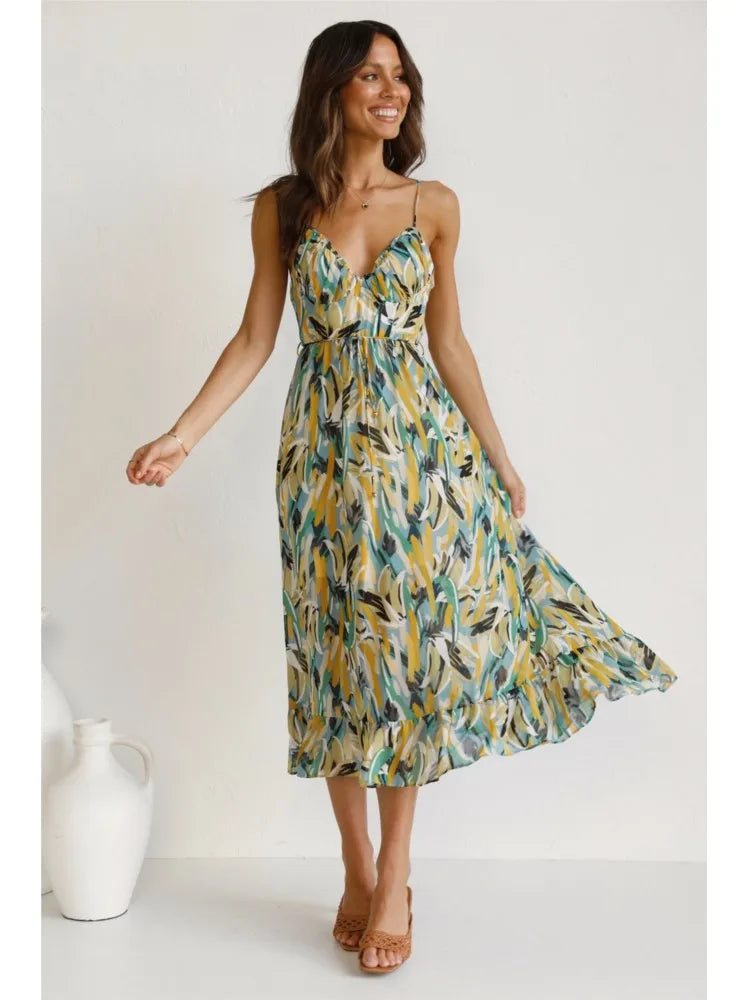 Albina | Zomerse Midi Jurk met Abstracte Print en Spaghettibandjes