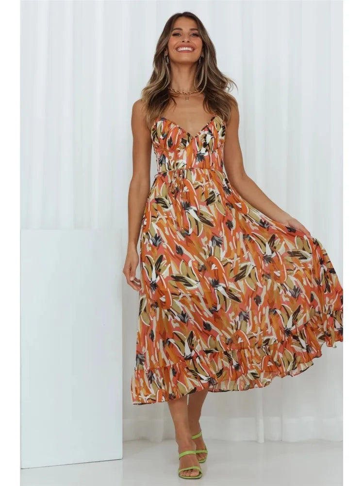 Albina | Zomerse Midi Jurk met Abstracte Print en Spaghettibandjes