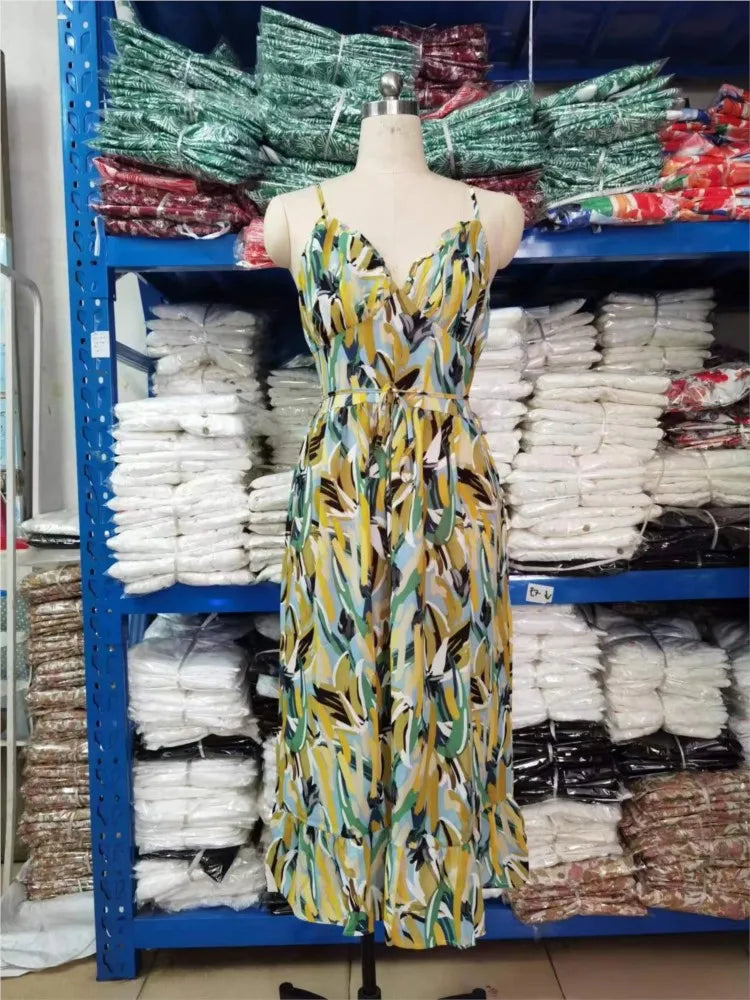 Albina | Zomerse Midi Jurk met Abstracte Print en Spaghettibandjes