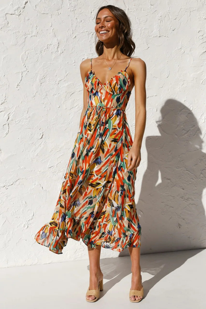 Albina | Zomerse Midi Jurk met Abstracte Print en Spaghettibandjes