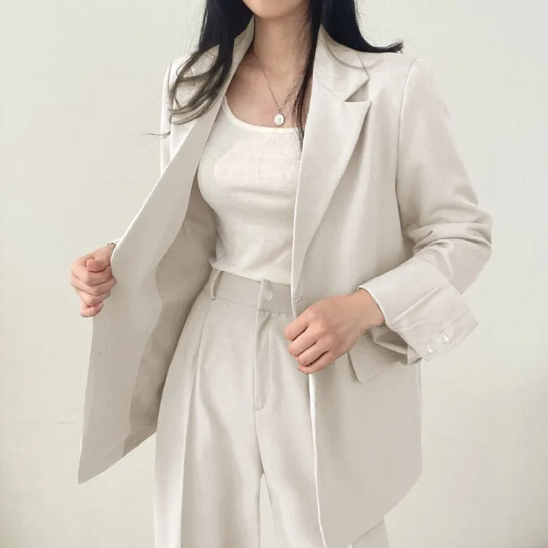 Gestructureerde en chique dames set met comfortabele blazer en broek