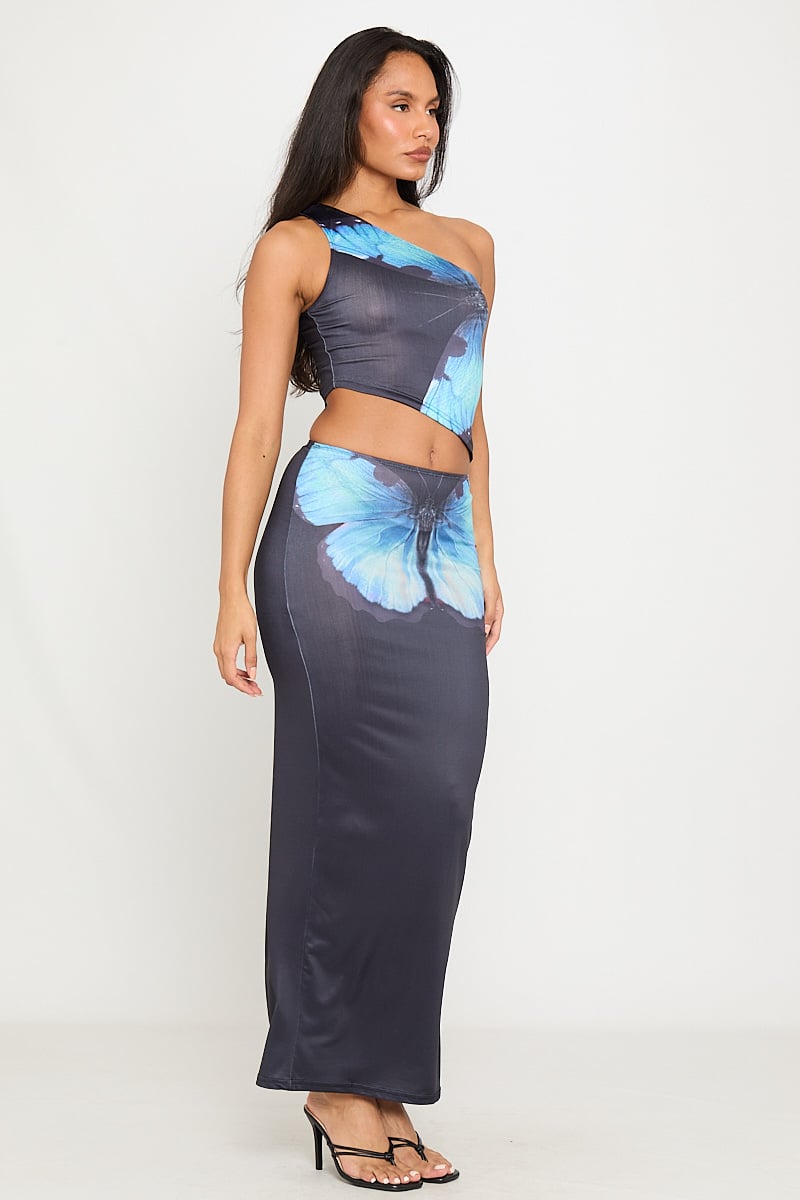 Ladonna | One-Shoulder Set met Vlinderprint en Maxi Rok