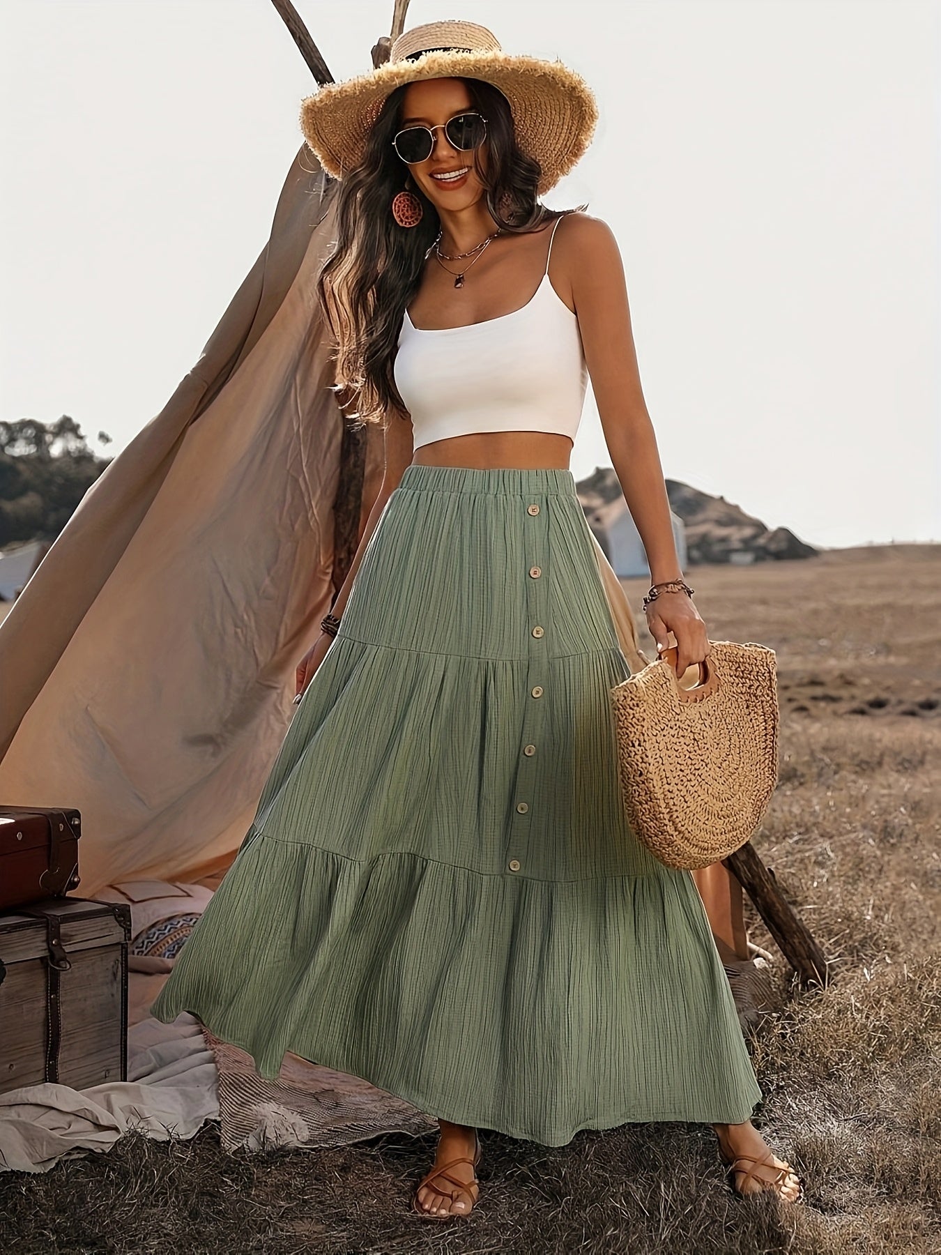 Cedra | Zomerse Maxi Rok met Knoopsluiting en A-Lijn Model