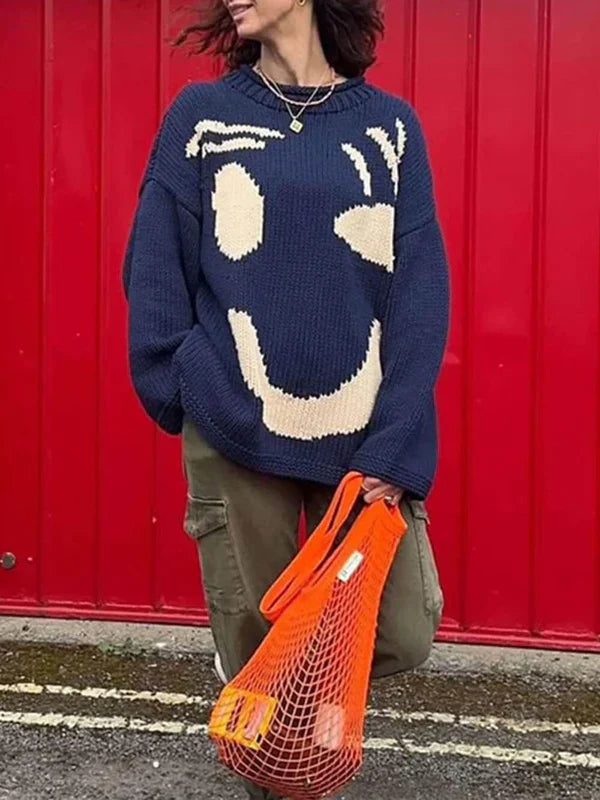 Stijlvolle Warme Dames Oversized Trui met Vrolijk Print
