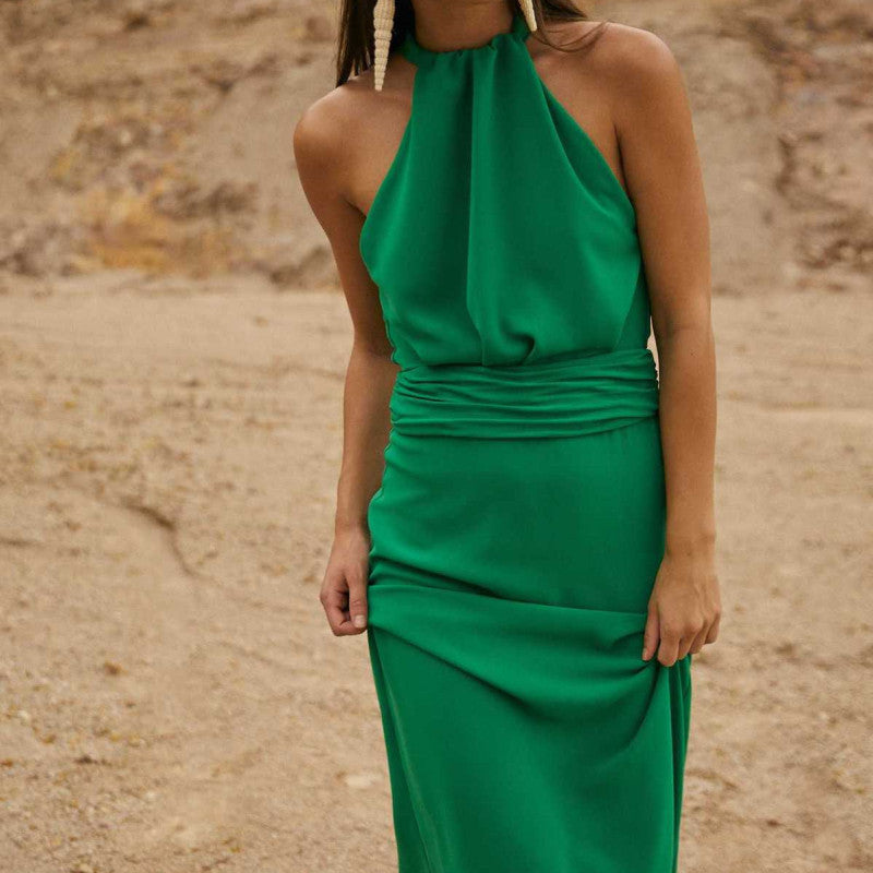 Luxe elegante dames avond midi jurk met halternek
