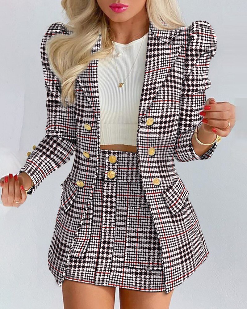 Toni | Bloemen Blazer Set met Rok en Goudknopen
