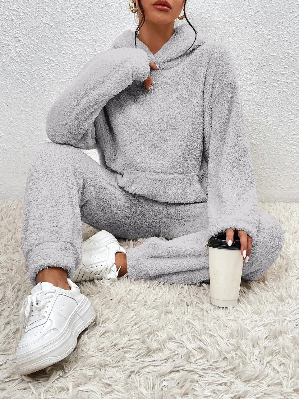 Zachte Dames Teddy Loungewear Set Met Hoodie