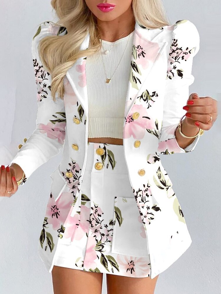 Toni | Bloemen Blazer Set met Rok en Goudknopen