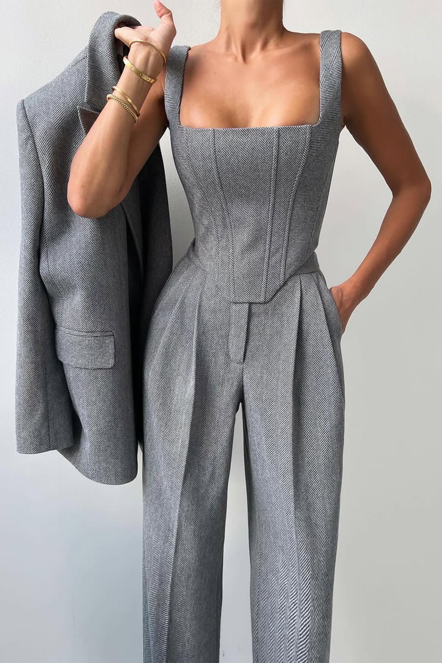 Stijlvolle gestructureerde dames set met luxe blazer en pantalon