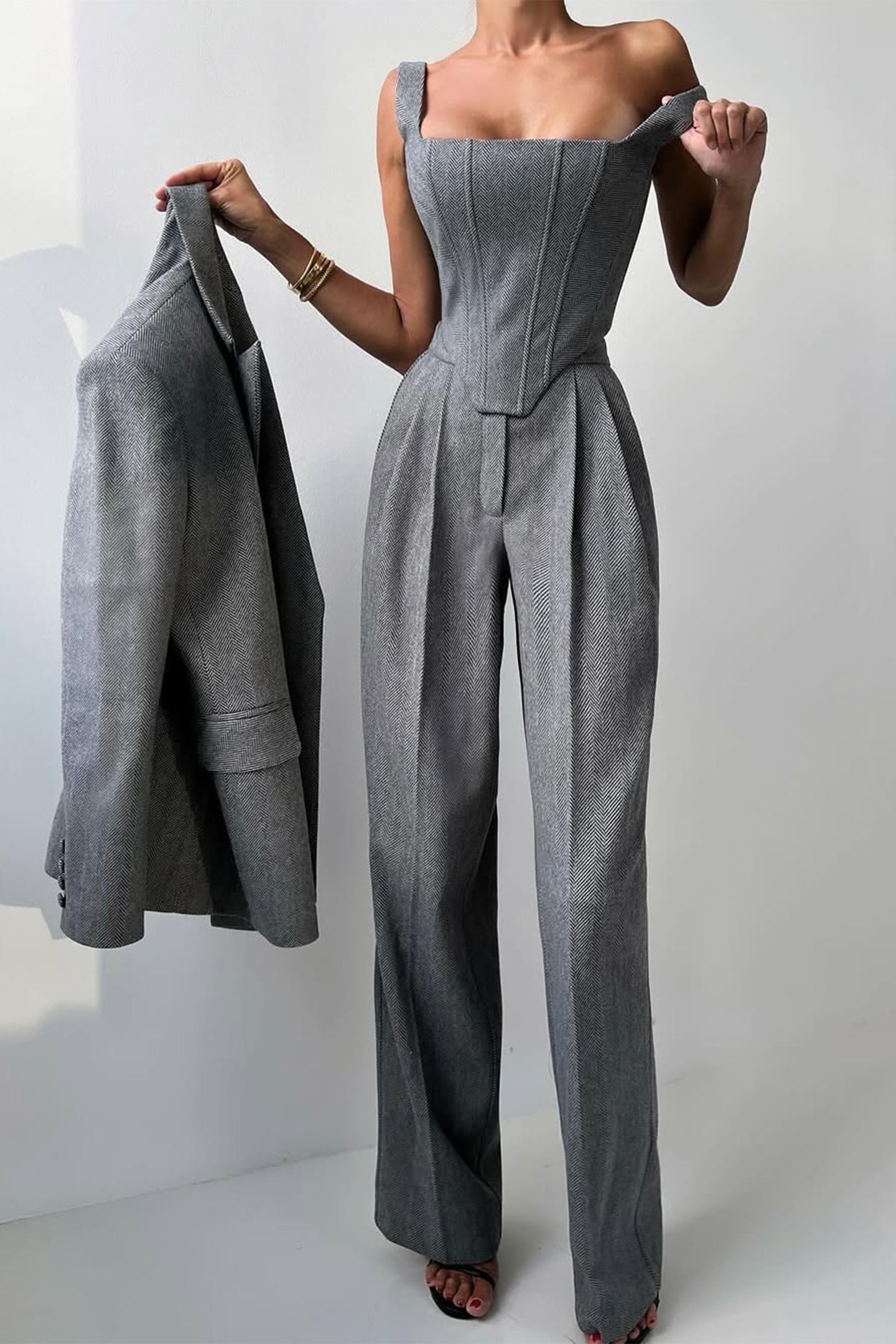 Stijlvolle gestructureerde dames set met luxe blazer en pantalon