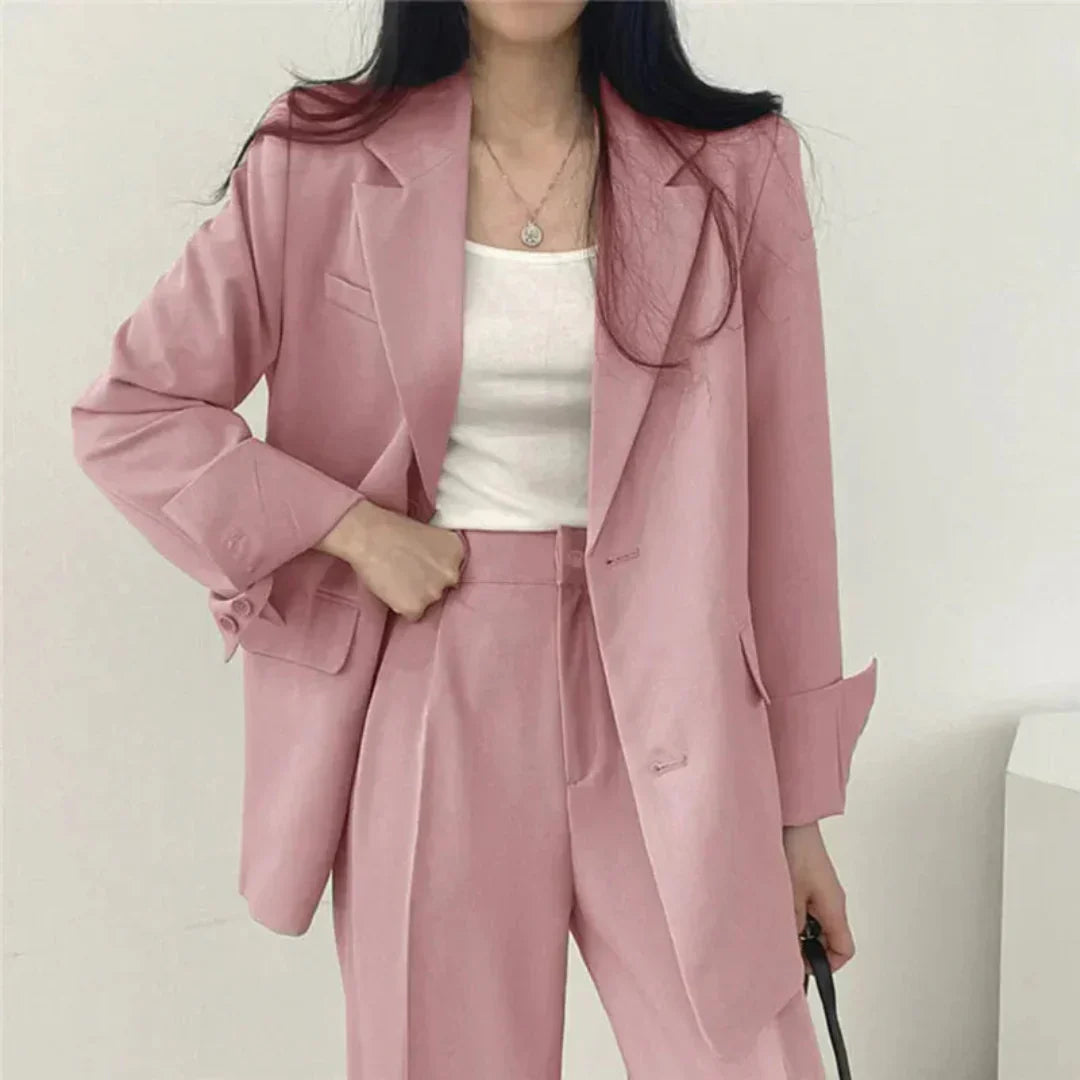 Gestructureerde en chique dames set met comfortabele blazer en broek