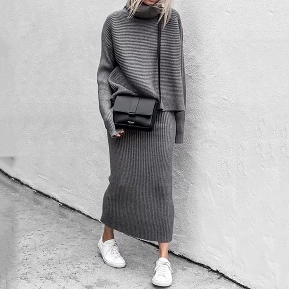 Zachte warme vrouwen set met comfortabele sweater en rok