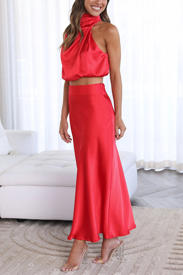 Terri | Satijnen Set met Hoge Hals en Maxi Rok