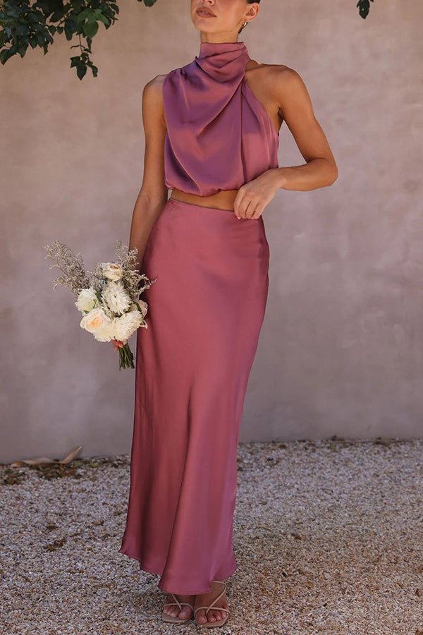 Terri | Satijnen Set met Hoge Hals en Maxi Rok