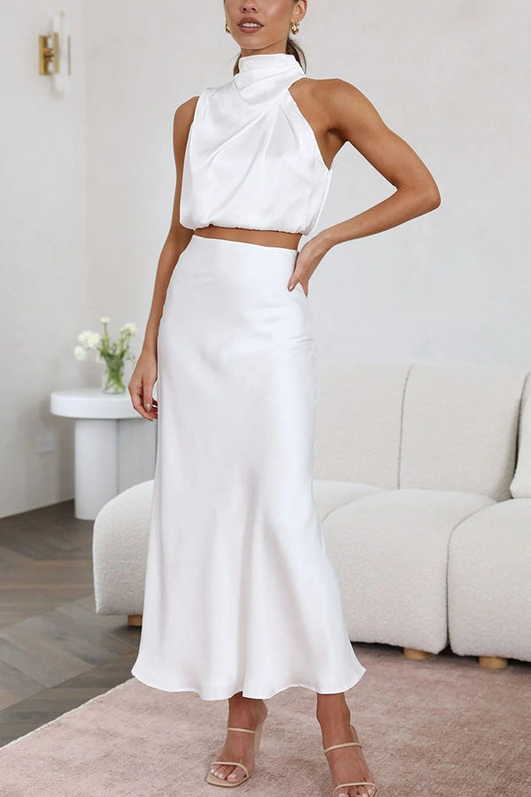 Terri | Satijnen Set met Hoge Hals en Maxi Rok