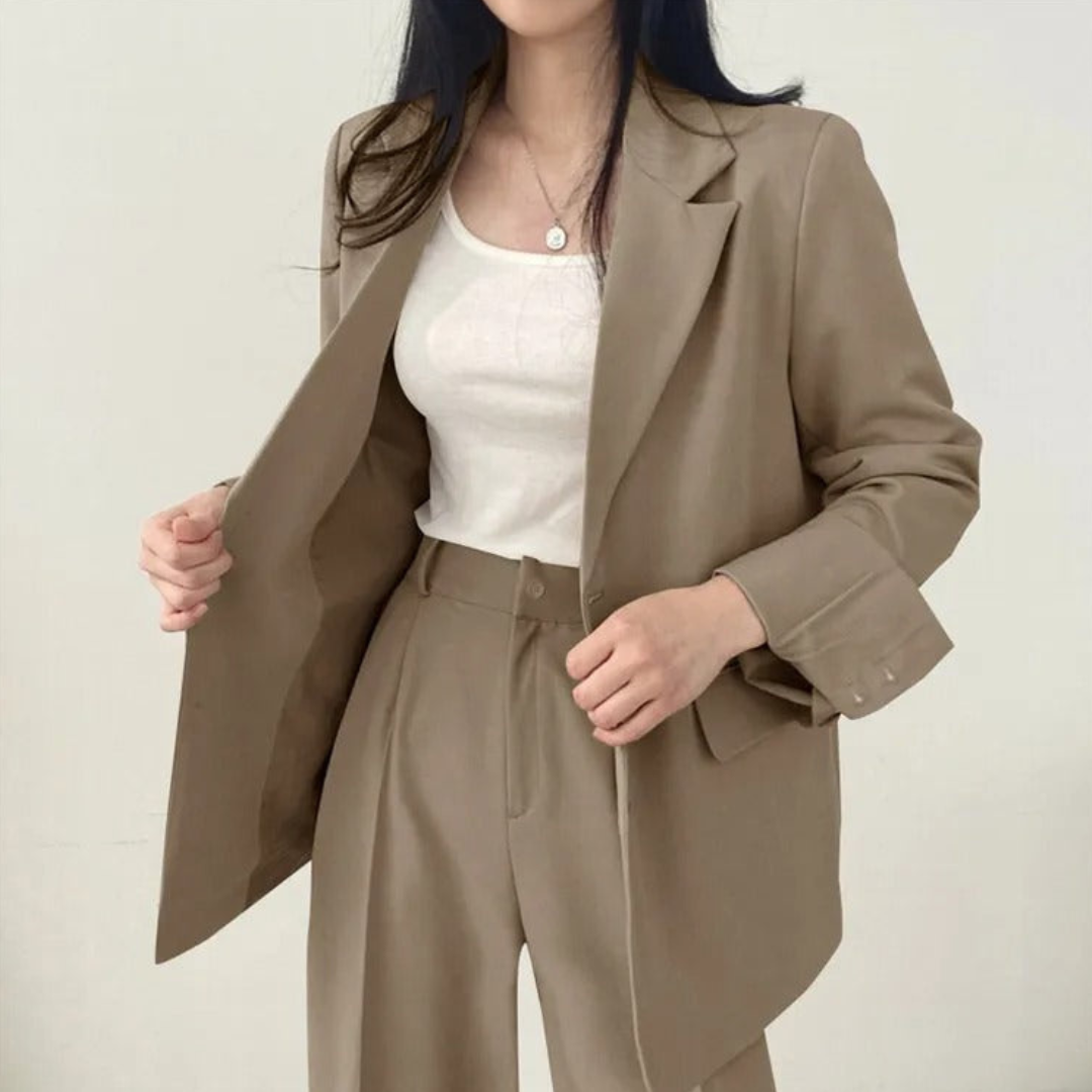 Gestructureerde en chique dames set met comfortabele blazer en broek