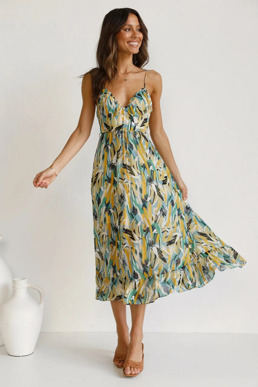 Albina | Zomerse Midi Jurk met Abstracte Print en Spaghettibandjes
