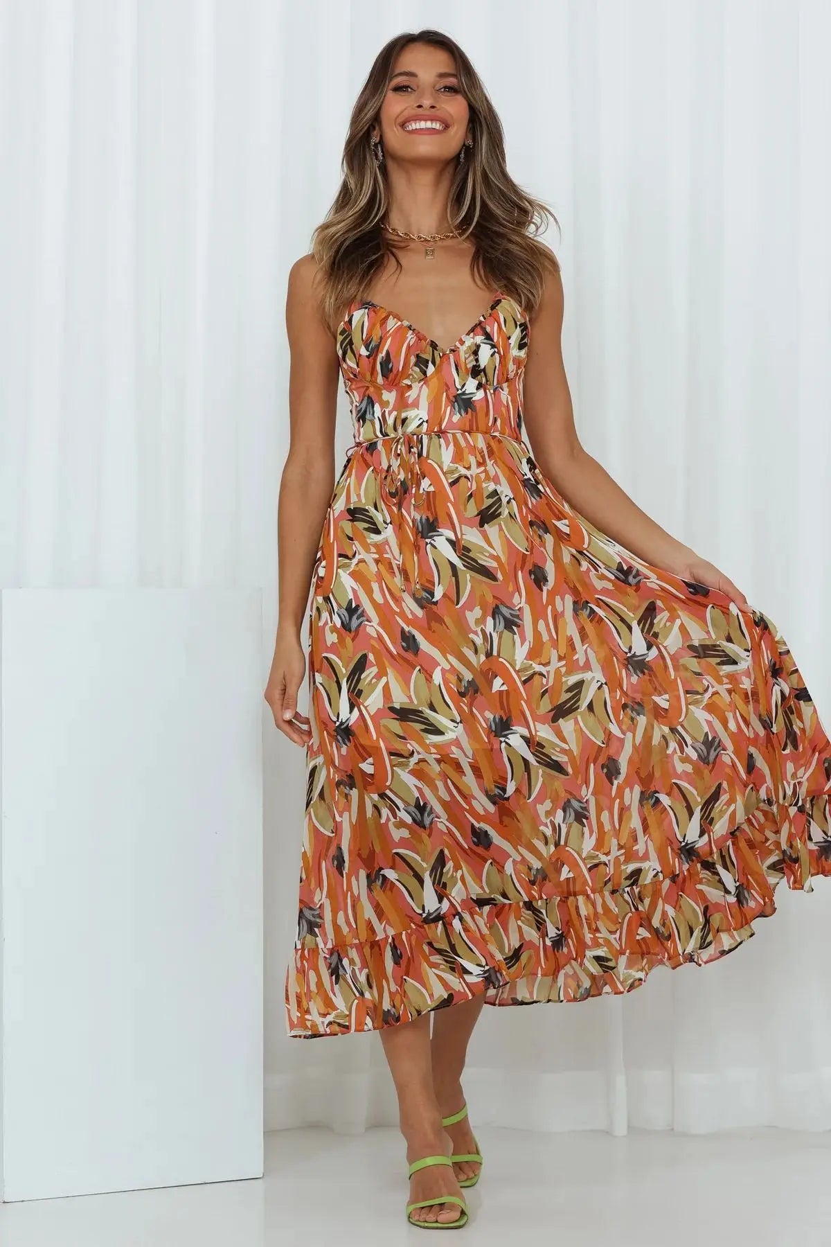 Albina | Zomerse Midi Jurk met Abstracte Print en Spaghettibandjes