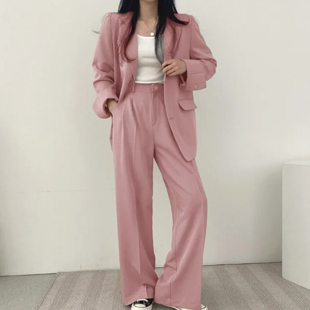 Gestructureerde en chique dames set met comfortabele blazer en broek