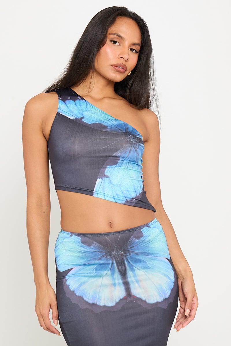 Ladonna | One-Shoulder Set met Vlinderprint en Maxi Rok