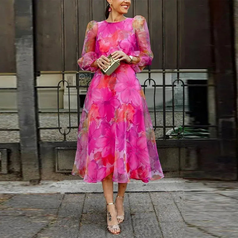 Bloemenprint midi jurk voor vrouwen | chiffon