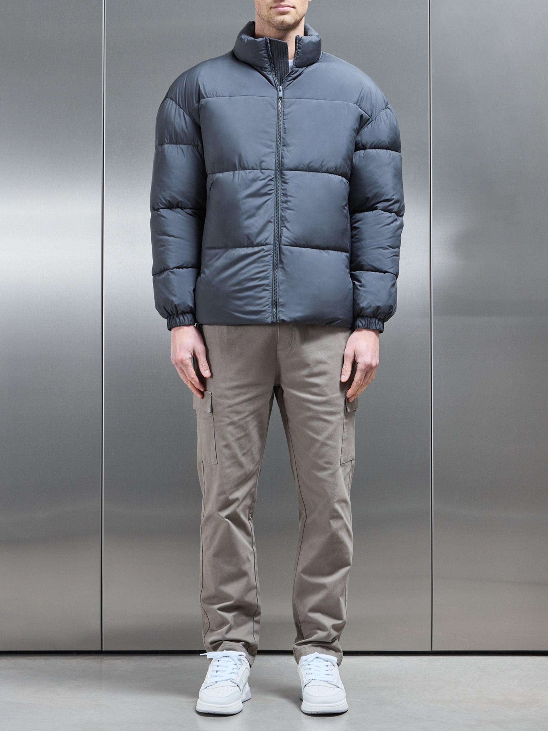 Relaxed Funnel Neck Puffer Jacket in Grey
