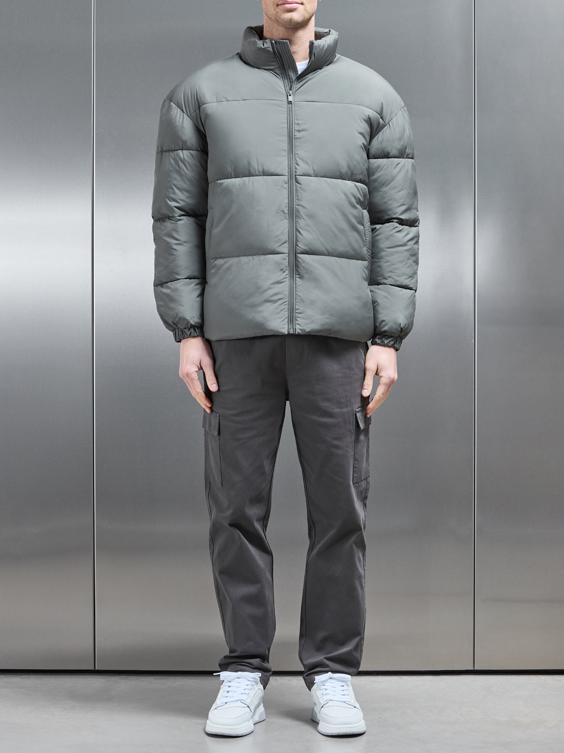 Relaxed Funnel Neck Puffer Jacket in Sage