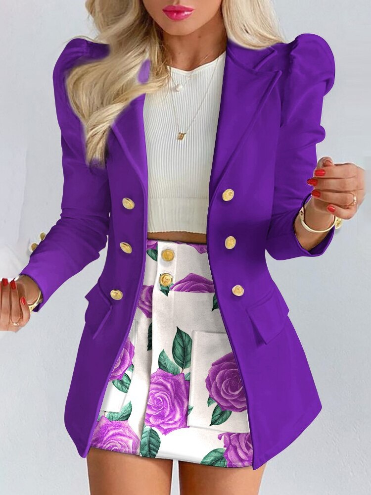 Toni | Bloemen Blazer Set met Rok en Goudknopen
