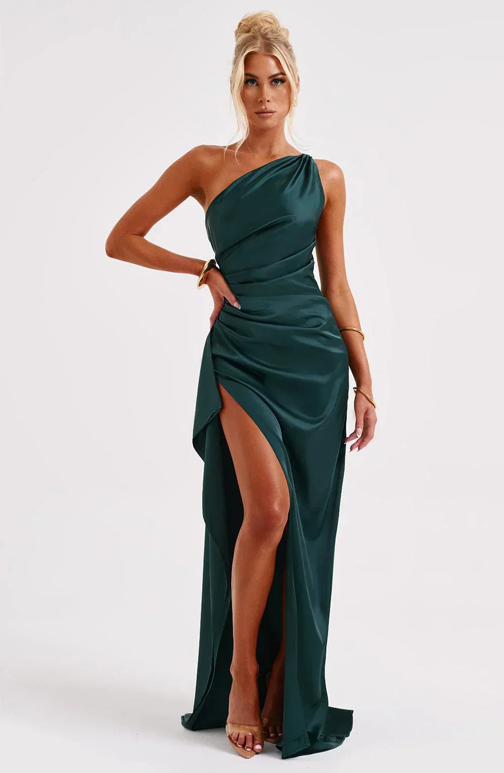 Jadey | Satijnen One-Shoulder Avondjurk met Hoge Split