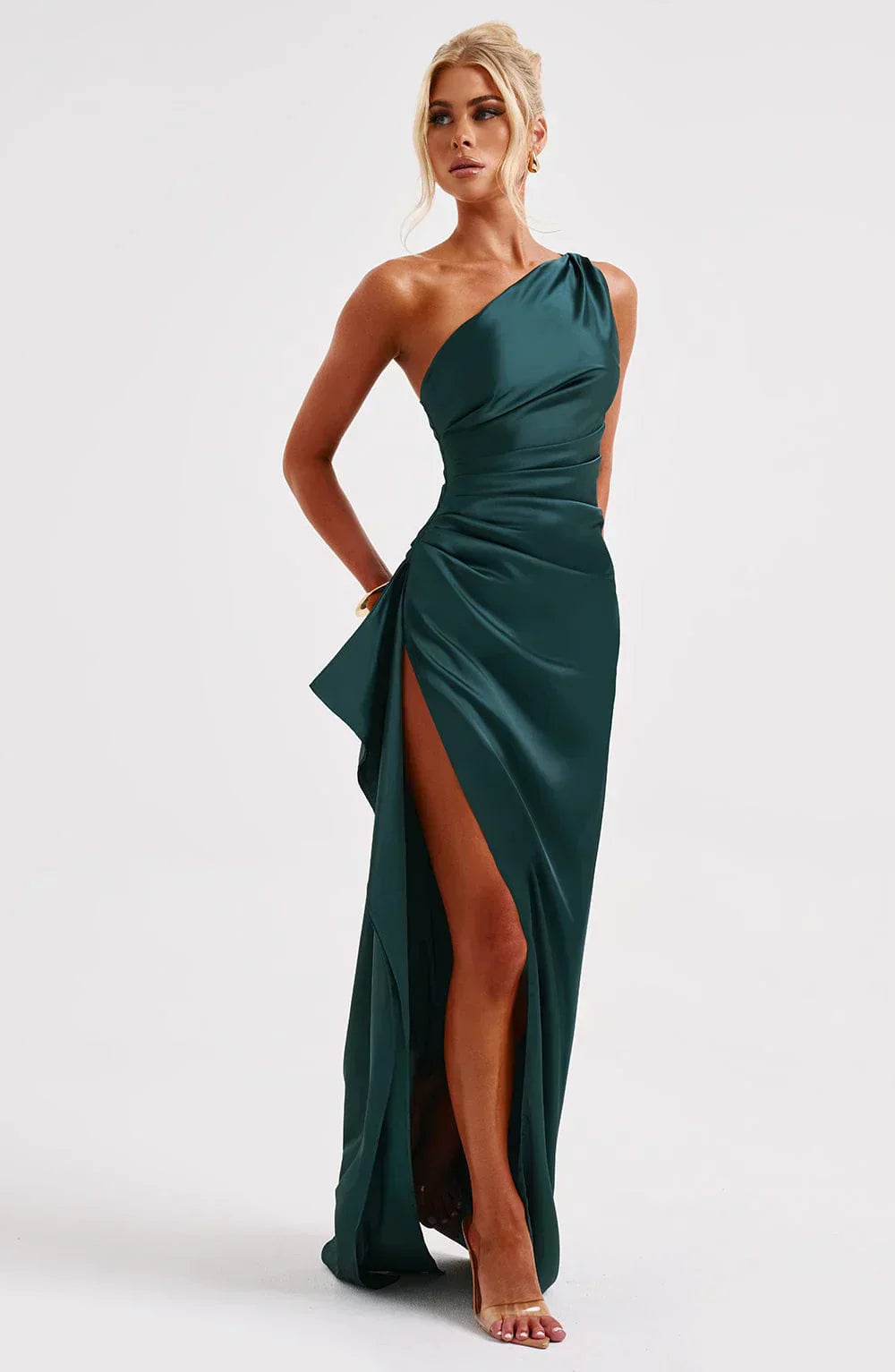Jadey | Satijnen One-Shoulder Avondjurk met Hoge Split