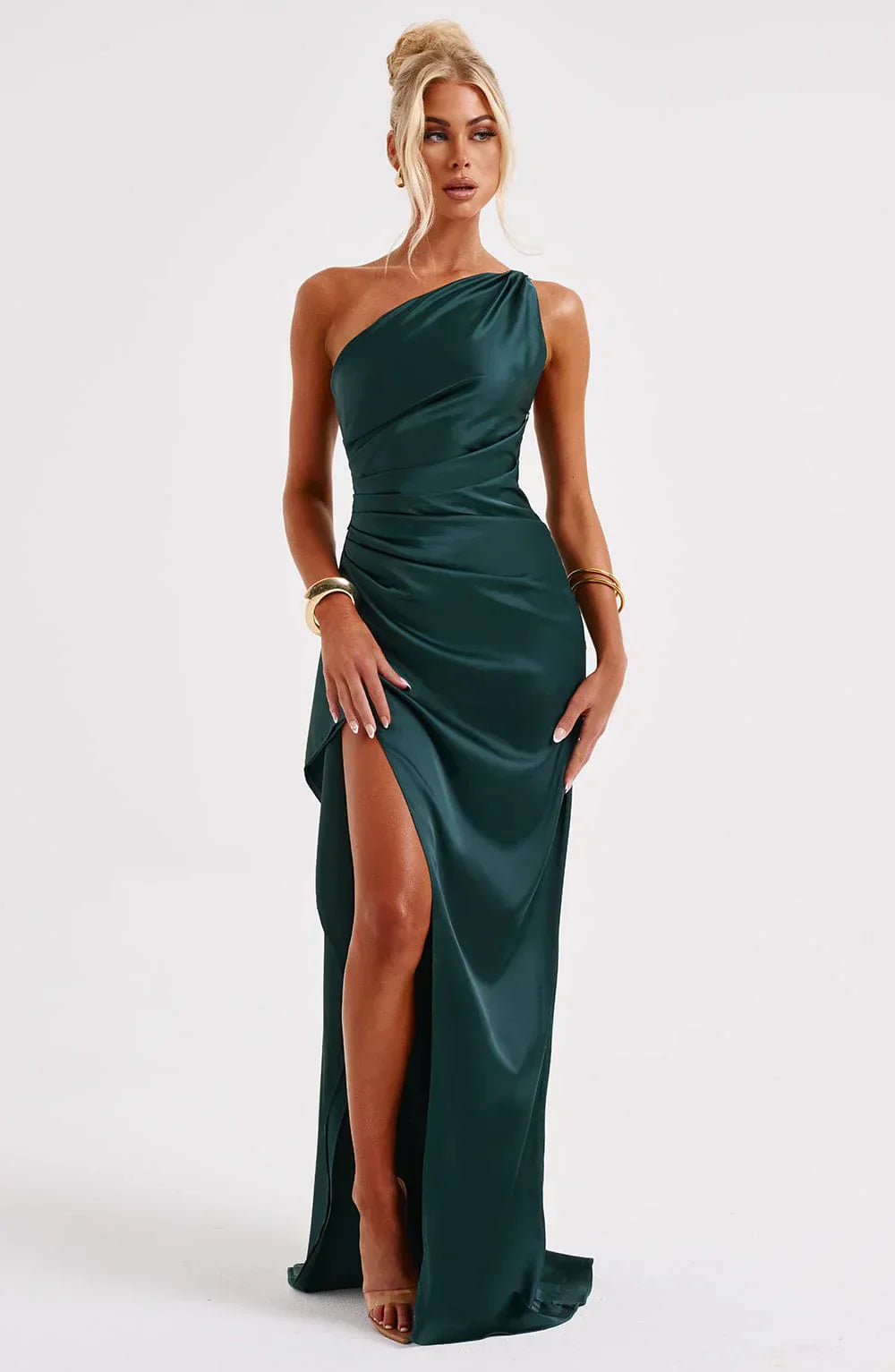Jadey | Satijnen One-Shoulder Avondjurk met Hoge Split
