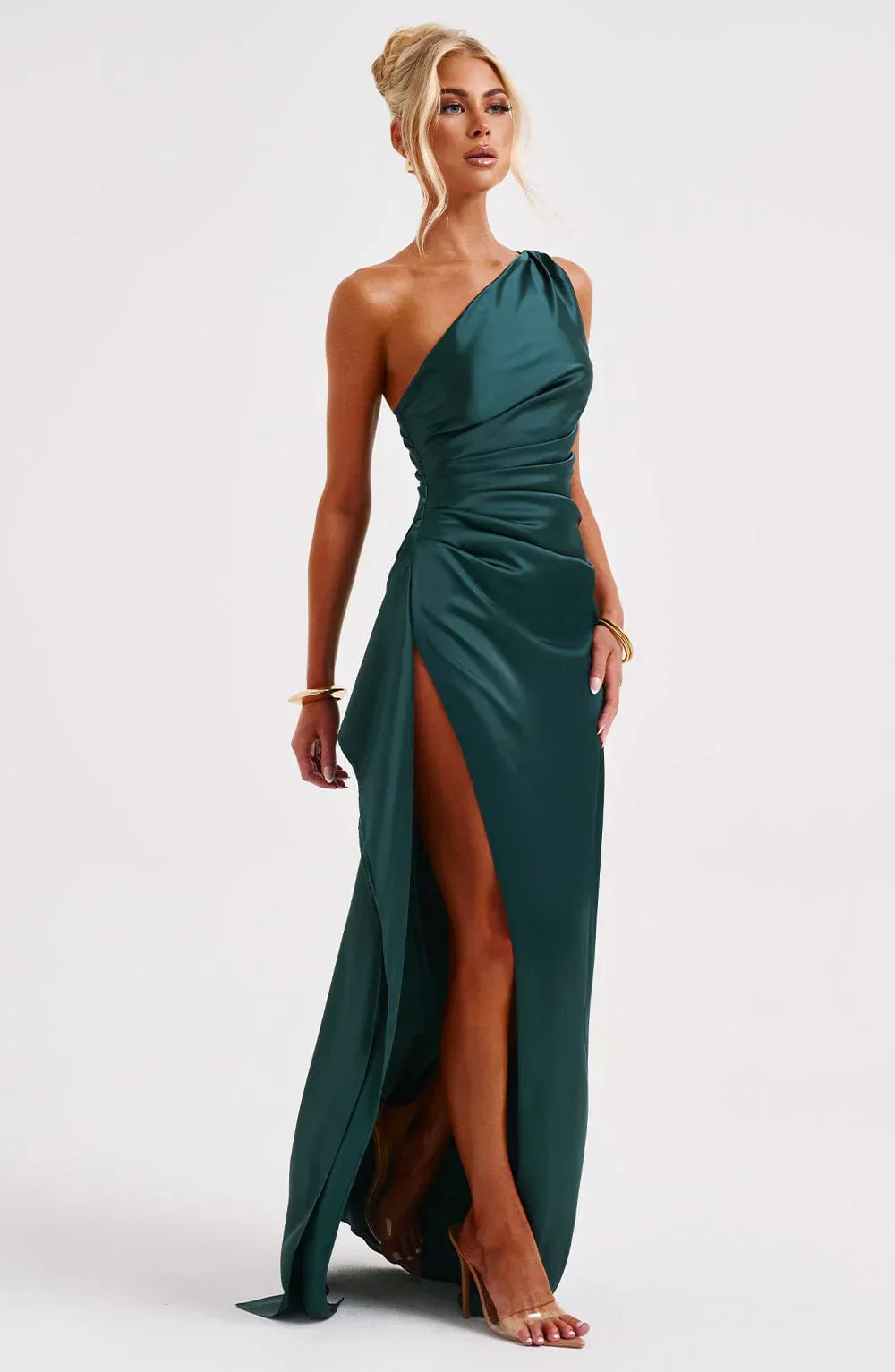 Jadey | Satijnen One-Shoulder Avondjurk met Hoge Split