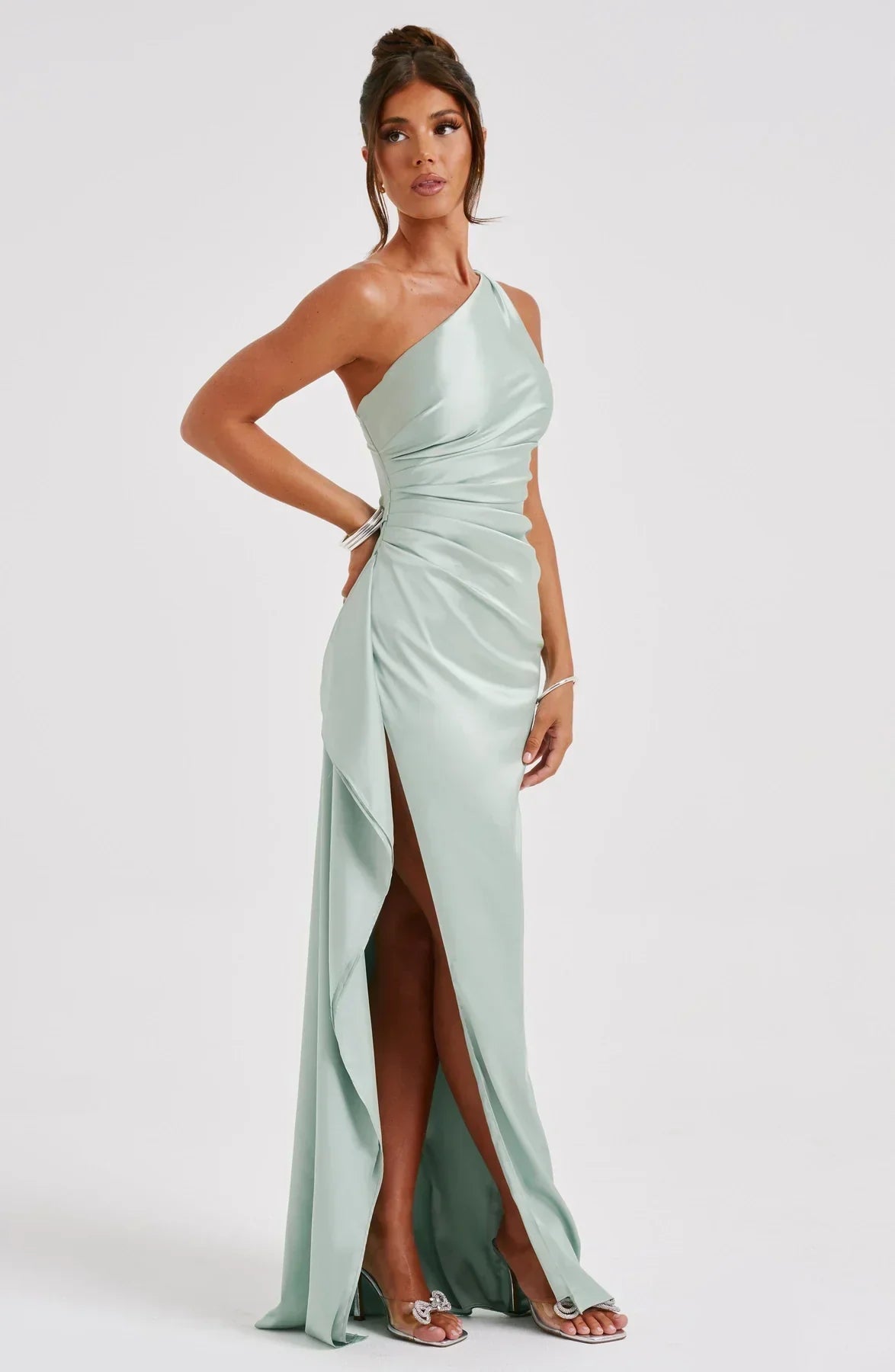 Jadey | Satijnen One-Shoulder Avondjurk met Hoge Split