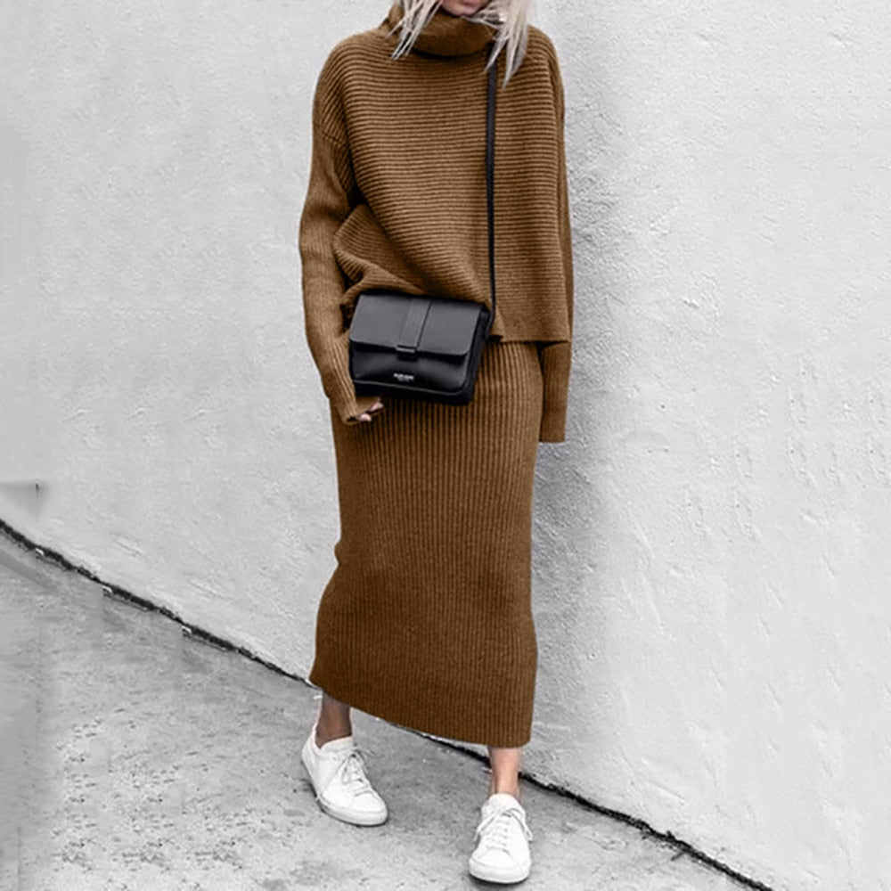 Zachte warme vrouwen set met comfortabele sweater en rok
