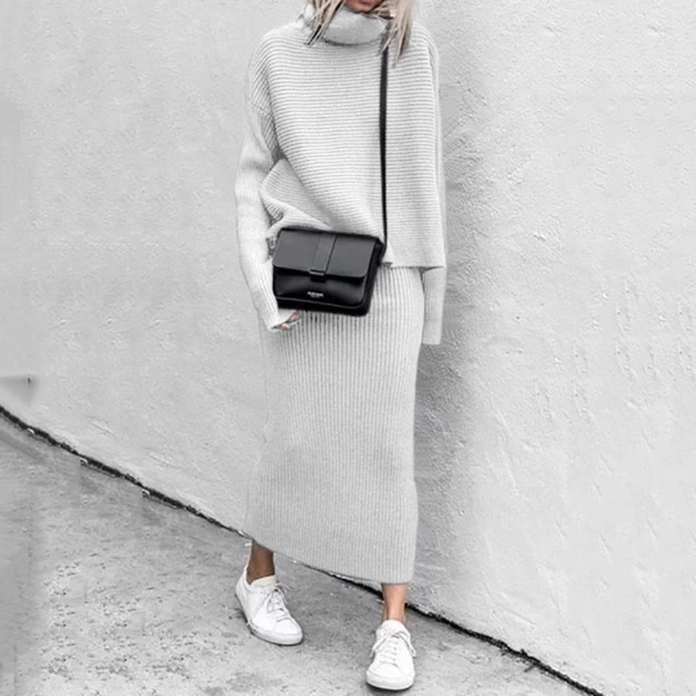 Zachte warme vrouwen set met comfortabele sweater en rok