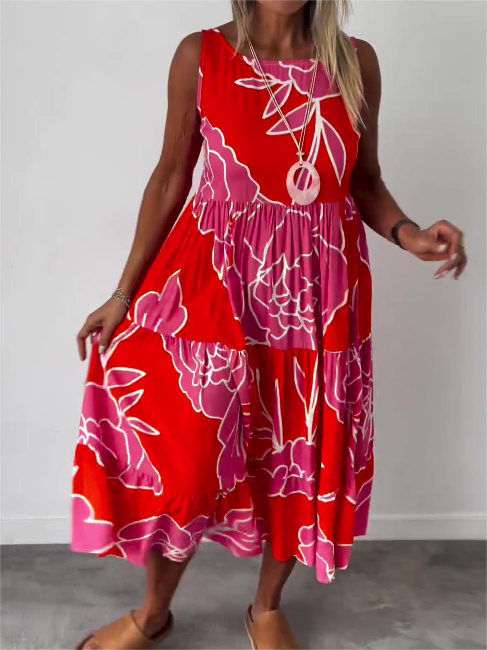 Marga | Mouwloze Midi Jurk met Abstracte Print