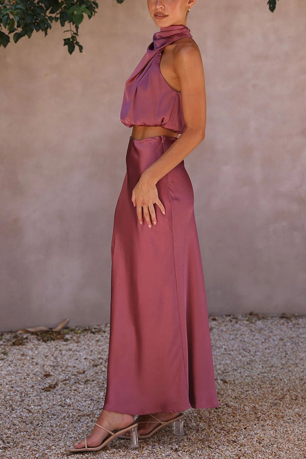 Terri | Satijnen Set met Hoge Hals en Maxi Rok